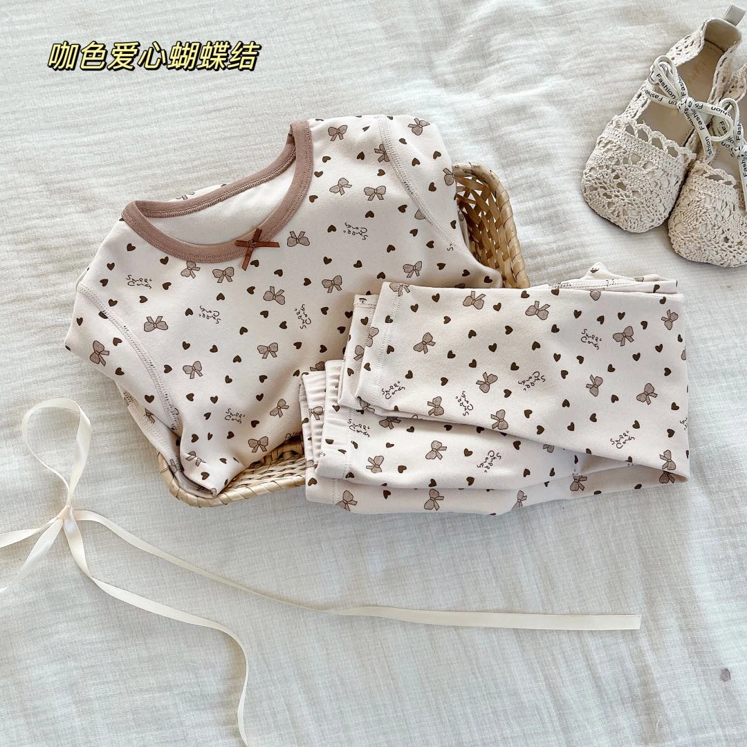 【现货】244-MTZI-2017咖色爱心蝴蝶结 童装2024年冬季新家居服套装