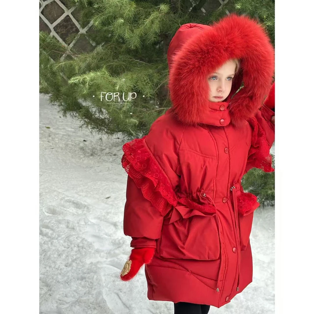 [FOR UP]德琳花边收腰毛领羽绒服244-FU-69013石榴红