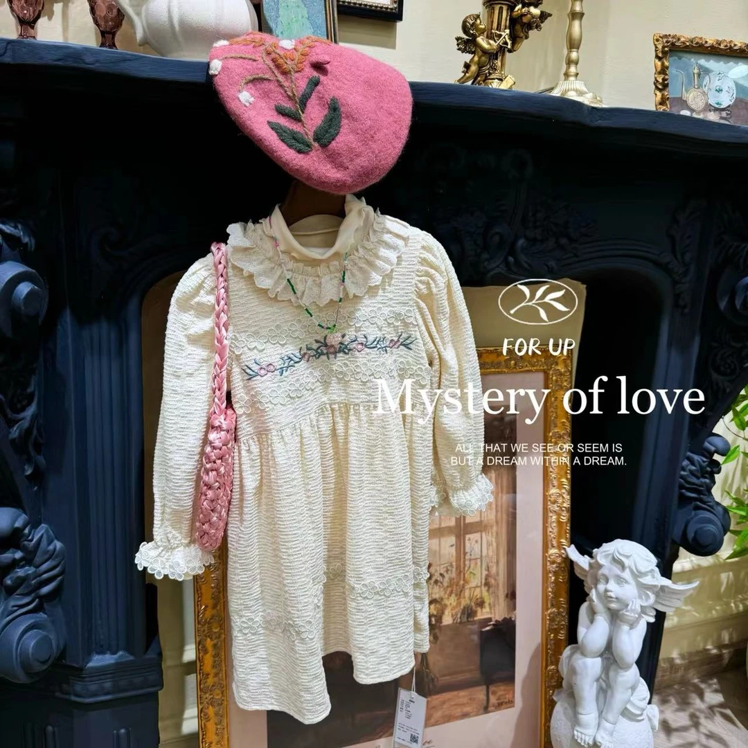 【现货】243-FU-79003奶油杏 [FORUP]法式芙甜花朵刺绣连衣裙