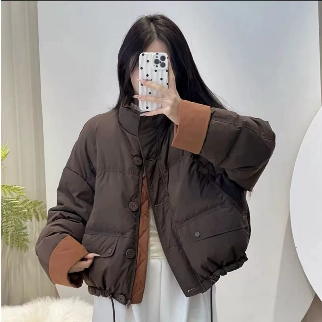 24新款白鸭绒羽绒服时尚宽松休闲百搭韩版撞色面包大扣子