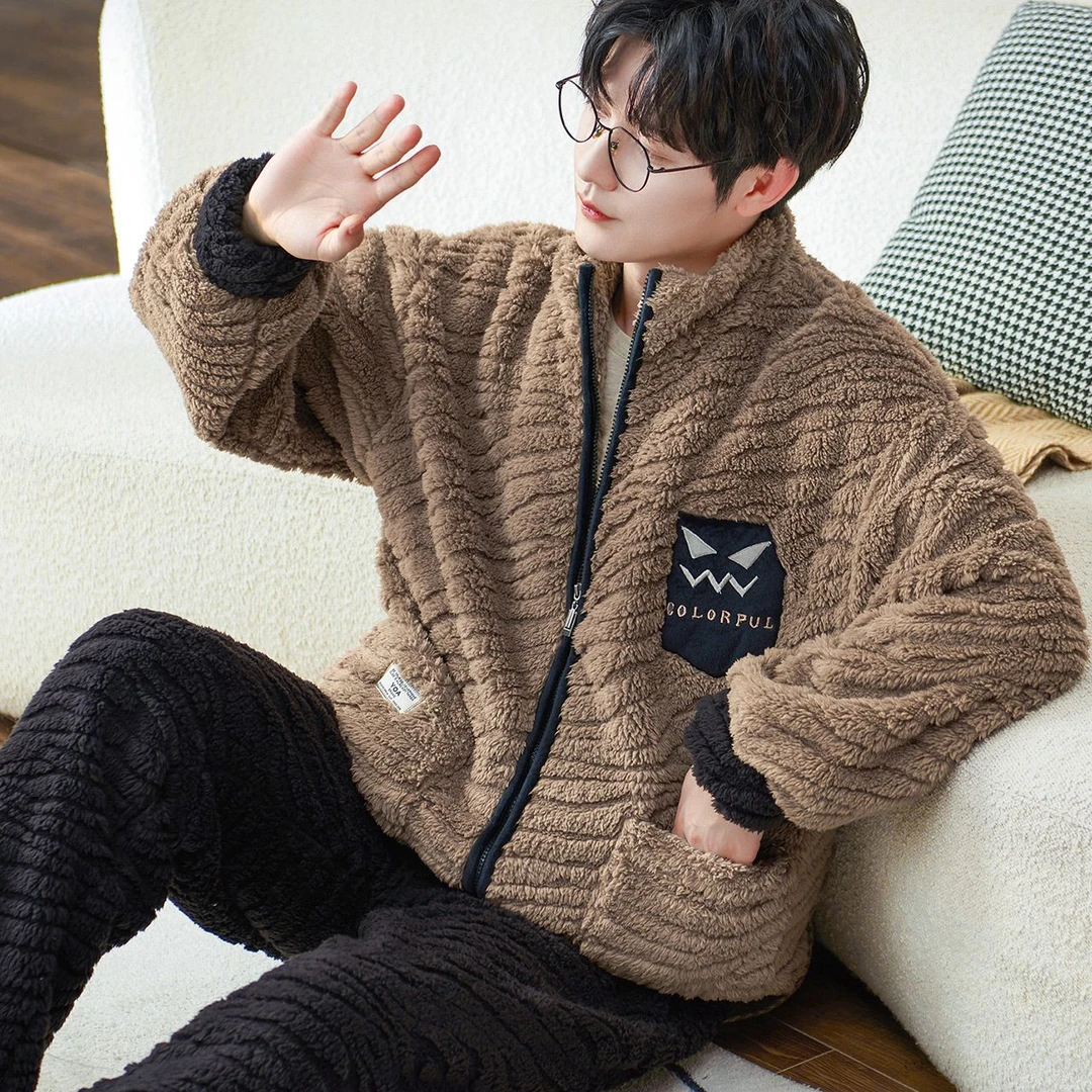 新款男睡衣冬季加厚法兰绒套装珊瑚绒家居服加绒开衫保暖冬装