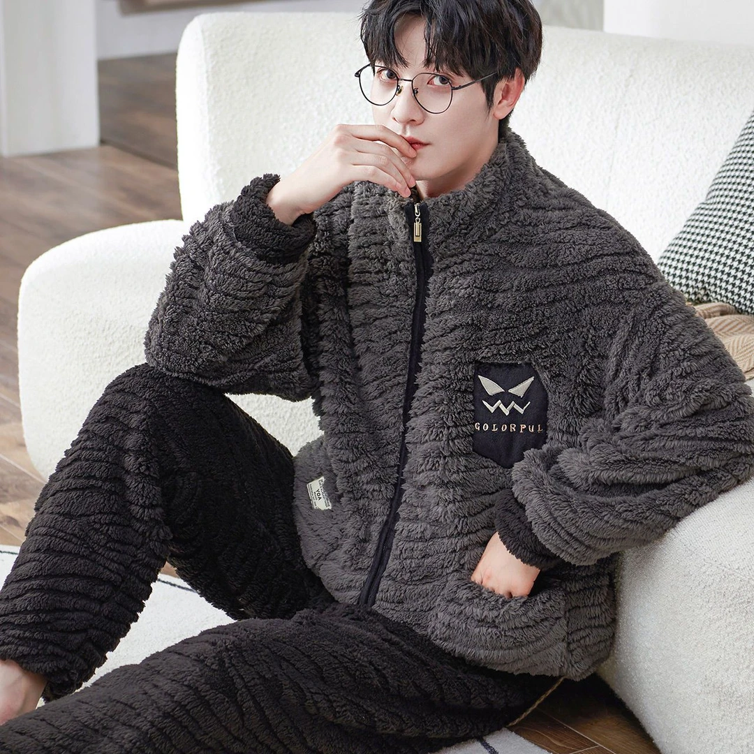 新款男睡衣冬季加厚法兰绒套装珊瑚绒家居服加绒大码开衫保暖冬装