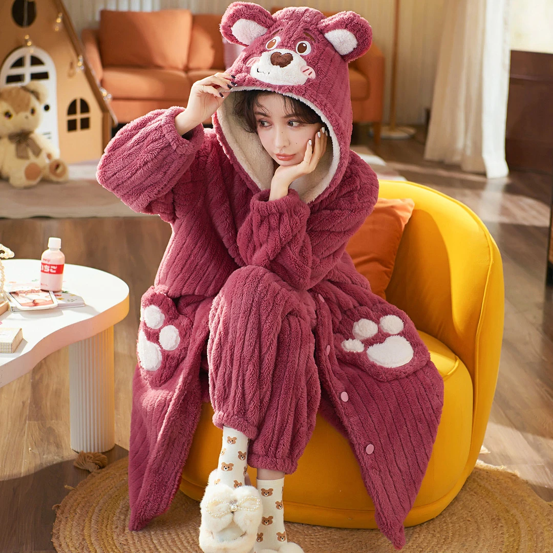 睡衣女秋冬季加厚绒珊瑚绒可爱卡通可外穿法兰绒睡袍睡裤外穿套装
