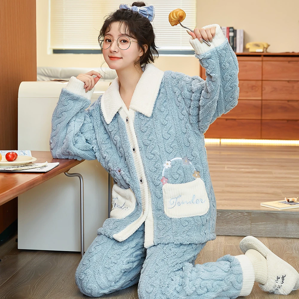 【T673】睡衣女秋冬季珊瑚绒家居服保暖法兰绒加绒加厚冬天冬款套装
