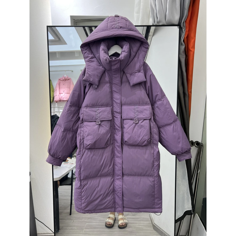 网红爆款2023年韩版反季新款羽绒服女中长款连帽白鸭绒过膝加厚宽