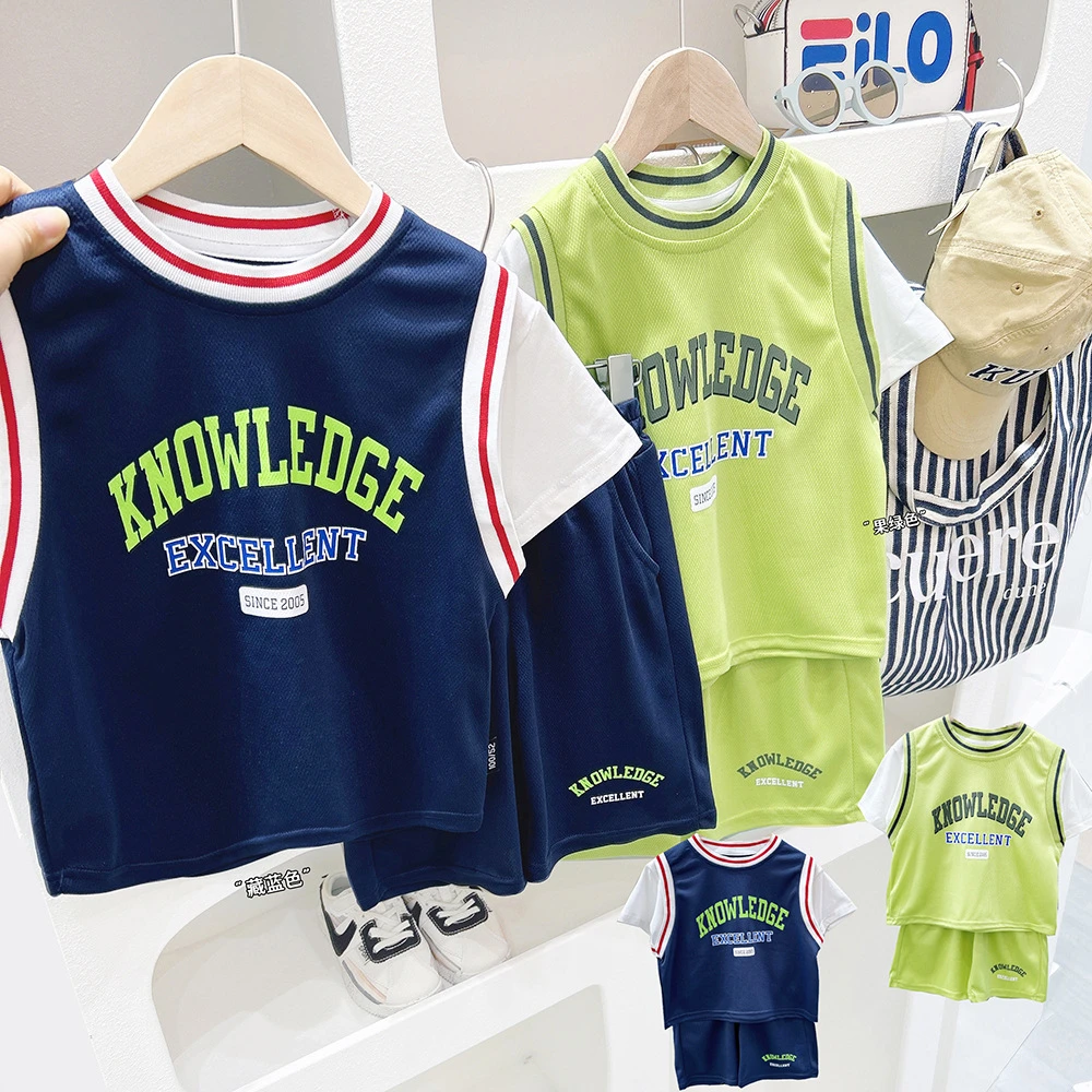 儿童运动套装夏季男童帅气假两件撞色网眼篮球服短袖短裤两件套潮