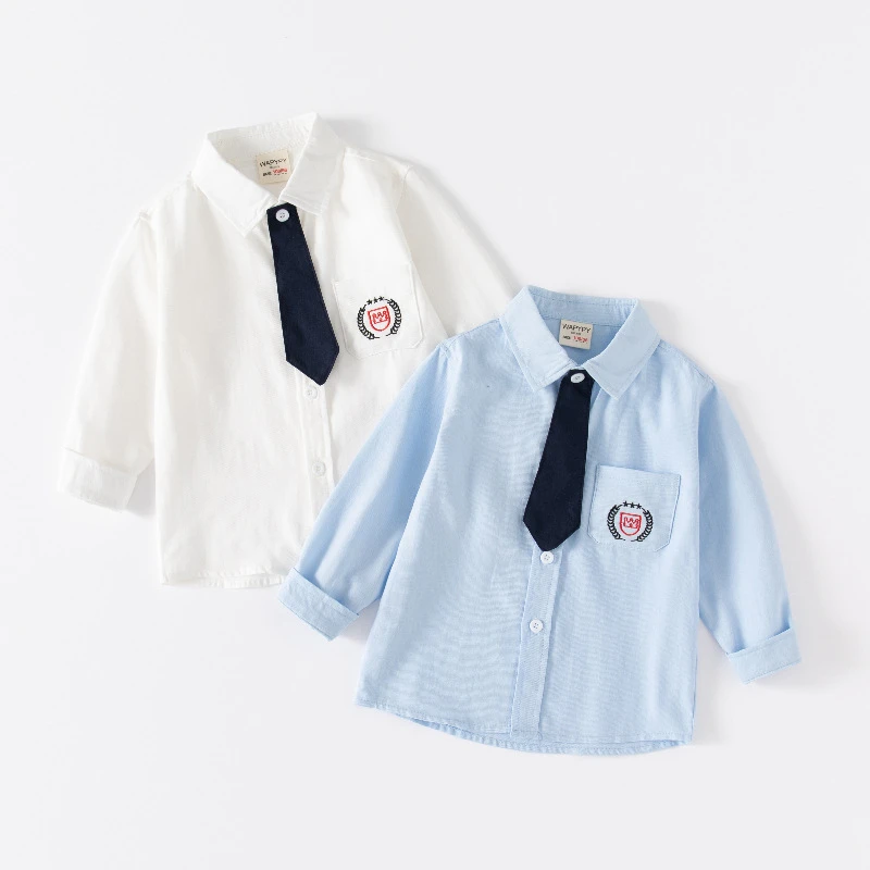 男童领带长袖衬衣韩版2025新款春款刺绣中小儿童宝宝洋气上衣衬衫