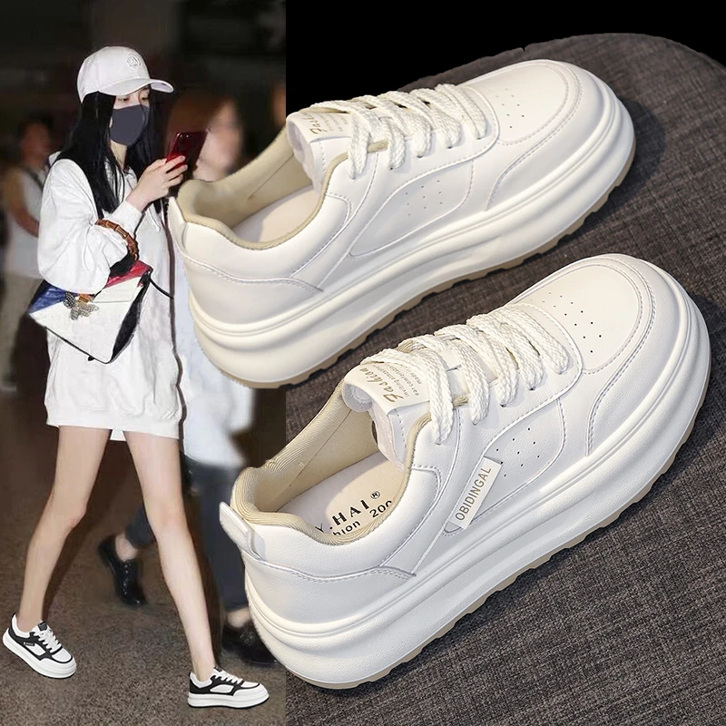 4CM厚底全皮面休闲小白鞋2024春秋四季可穿网红炸街百搭学生板鞋
