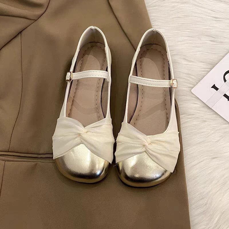 平底圆头玛丽珍女鞋2025年秋季新款时尚淑女一字扣带网纱豆豆鞋潮