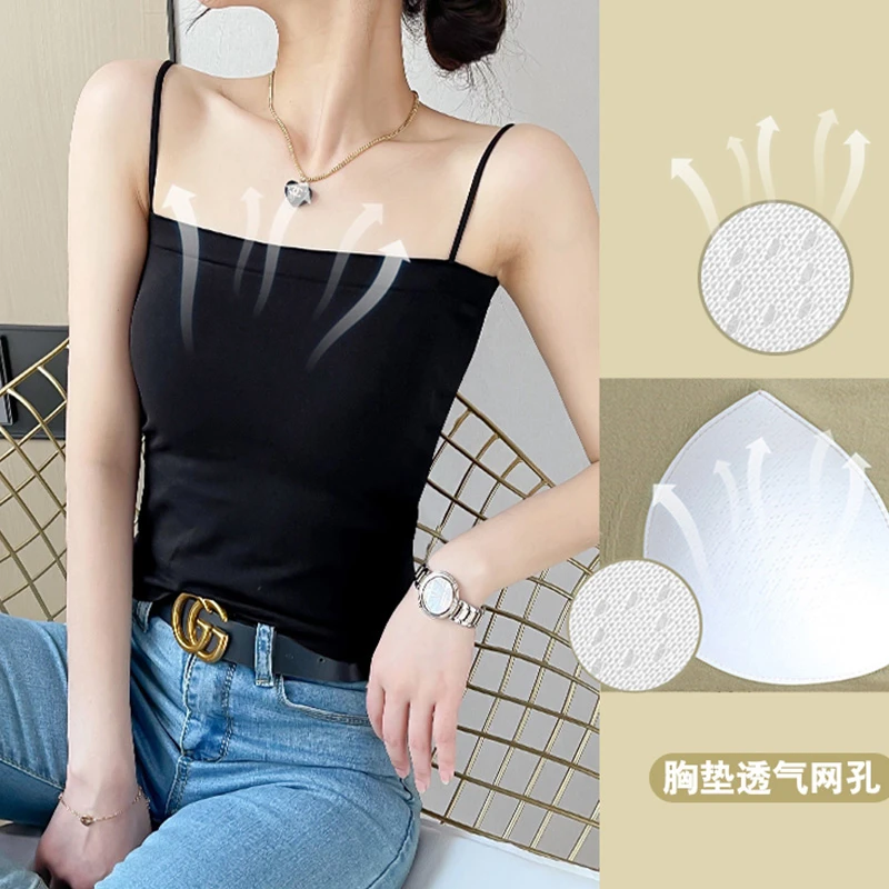宏依莲吊带背心外穿女新款一体式带胸垫内搭打底抹胸上衣白色短款