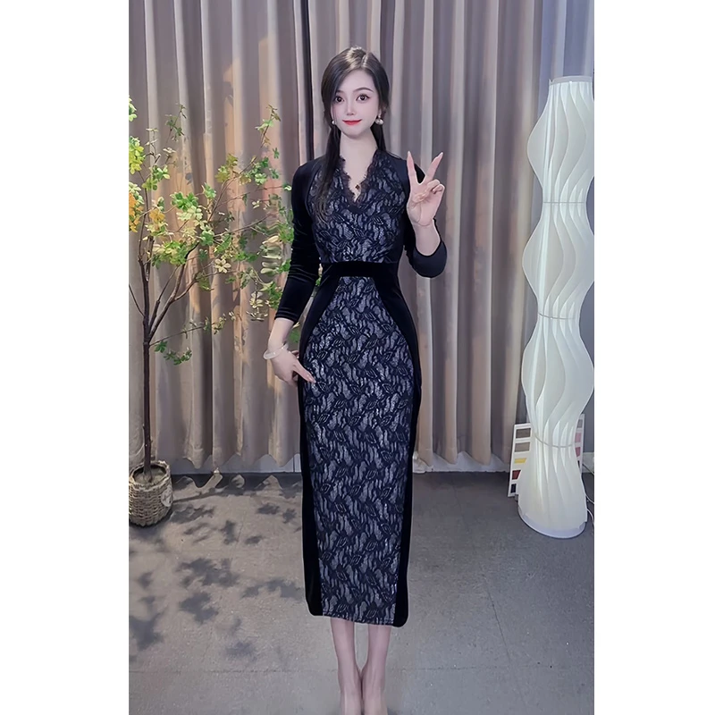 宏依莲2024年连衣裙长袖打底修身秋冬黑色显瘦气质裙子复古旗袍