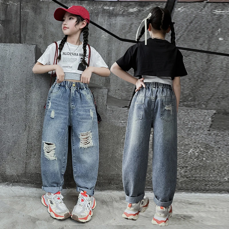 女童夏装套装甜酷辣妹爵士露脐短款上衣两件套时尚破洞哈伦牛仔裤