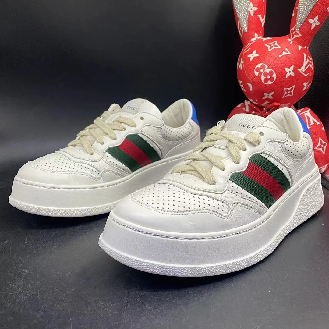【聚星折扣】GUCCI/古驰95新男休闲白色织带饼干鞋40.5欧码ddm1245