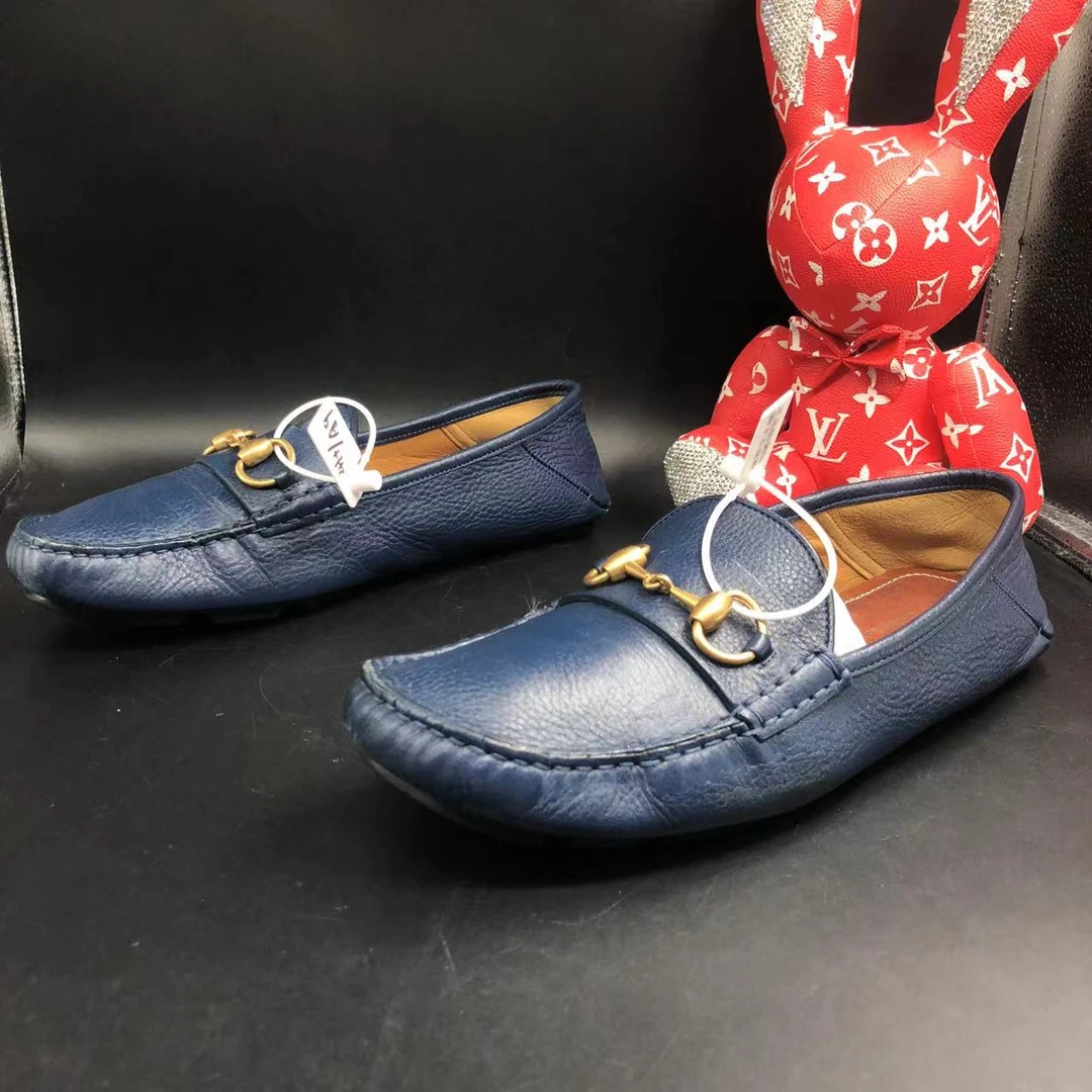 【聚星福利】GUCCI/古驰95新深蓝色金色马蹄扣舒适男士豆豆鞋41.5欧