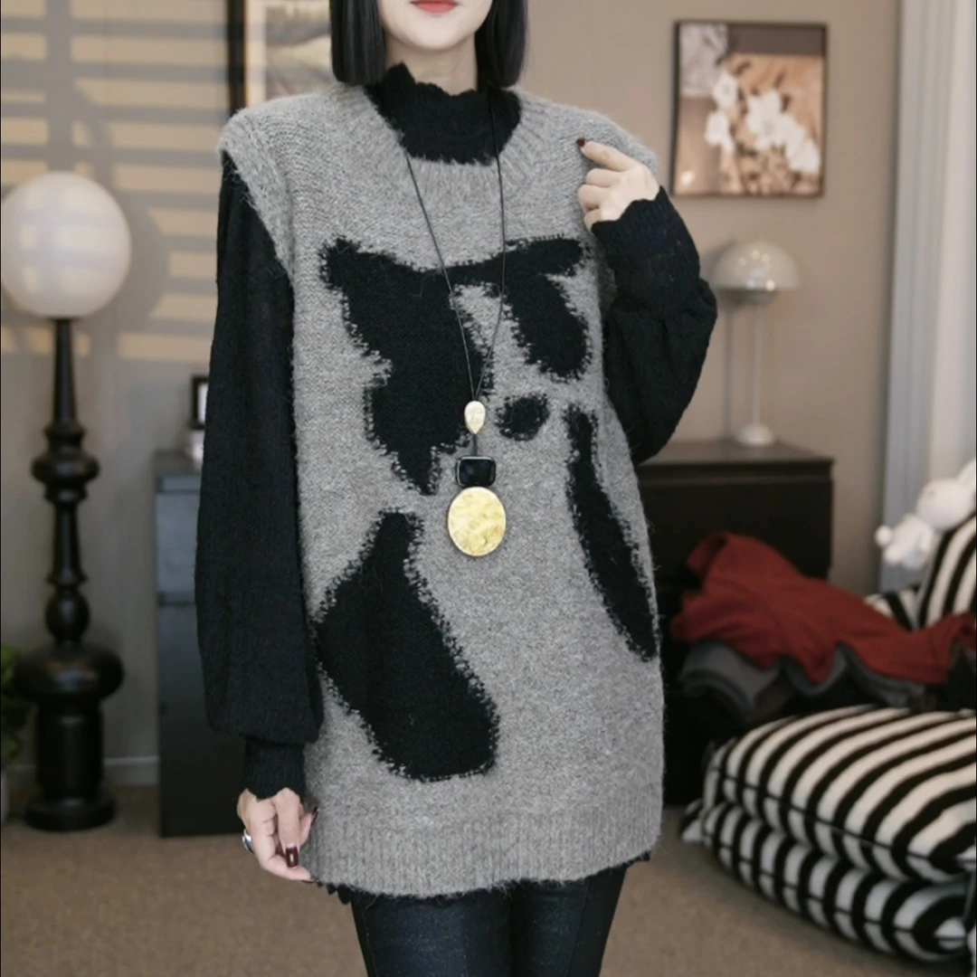 SZ&时尚百搭减龄圆领无袖针织马甲F919#秋冬宽松套头提花针织马甲