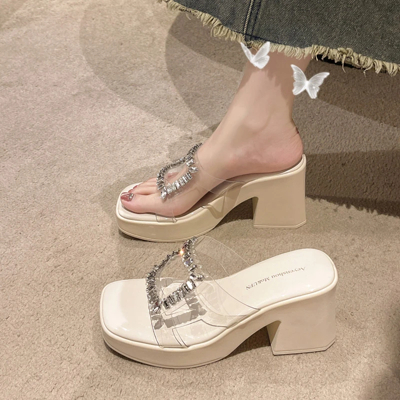 时尚粗跟拖鞋露趾外穿凉拖鞋2025年夏季新款仙女风高跟百搭透明鞋