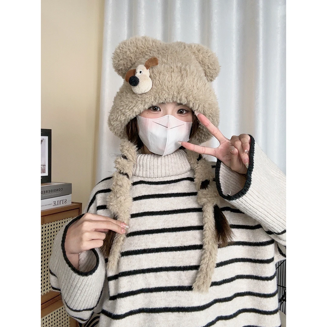 2023年秋冬季毛绒绒小熊熊护耳防风防寒加绒加厚学生休闲保暖帽子