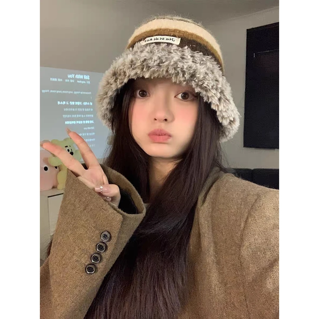 美拉德毛绒渔夫帽定型不变形秋冬季网红针织复古加厚逛街水桶帽女