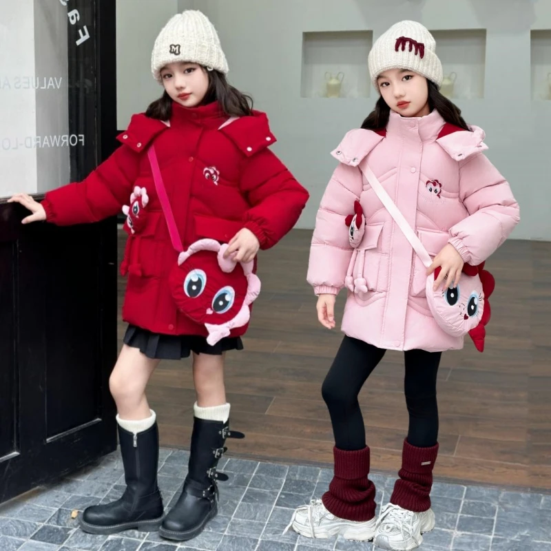 女童棉服2024新款冬季加厚棉衣洋气中长款小女孩卡通棉服儿童外套