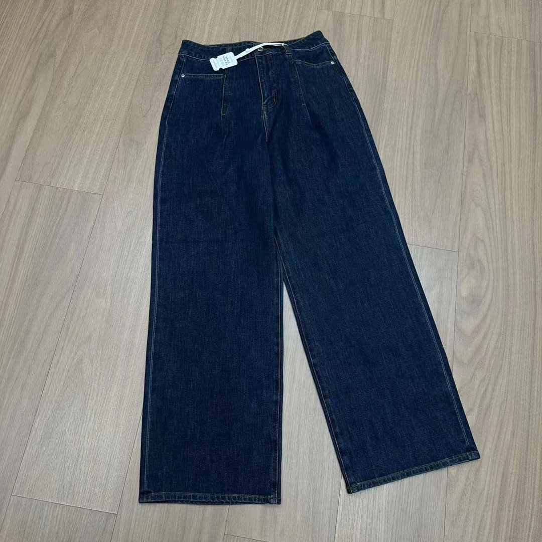 出境王高腰阔腿牛仔直筒长裤