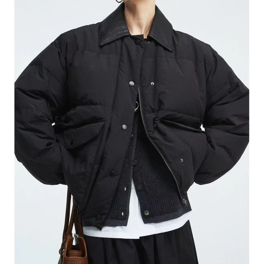 缪风拼皮领宽松工装面包羽绒服