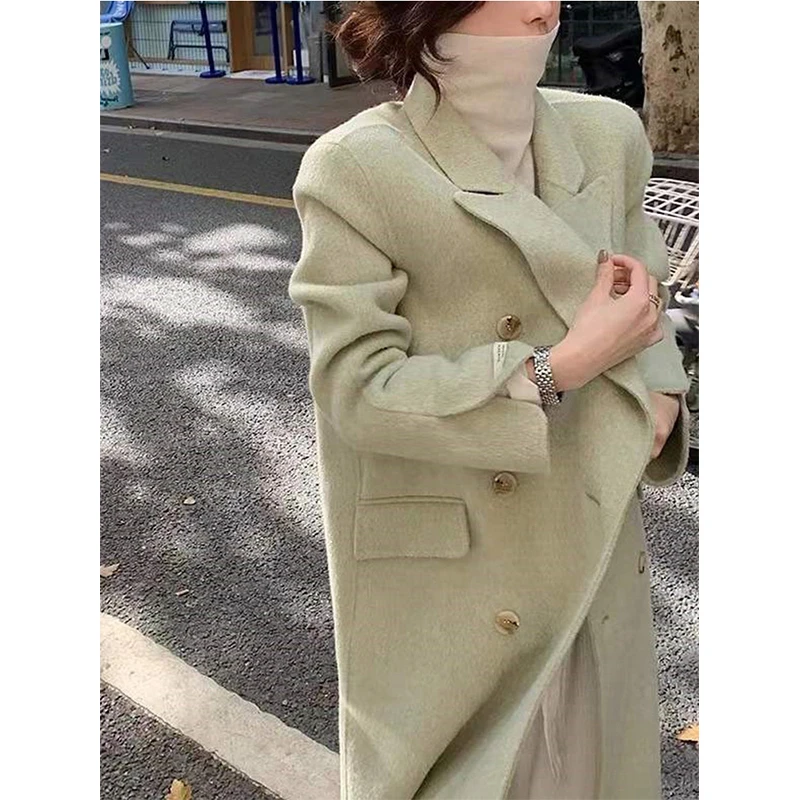 CB250MS年春款韩版双面羊毛大衣过膝西装领手缝羊毛外套双排扣
