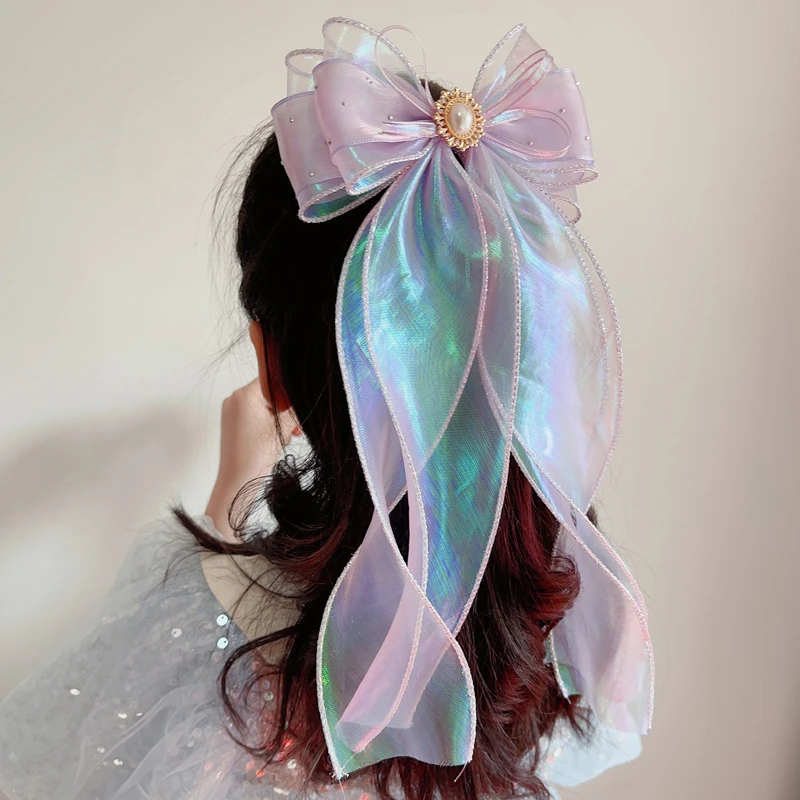 韩版渐变色编发夹公主发卡超仙女孩马尾飘带头发饰儿童蝴蝶结顶夹