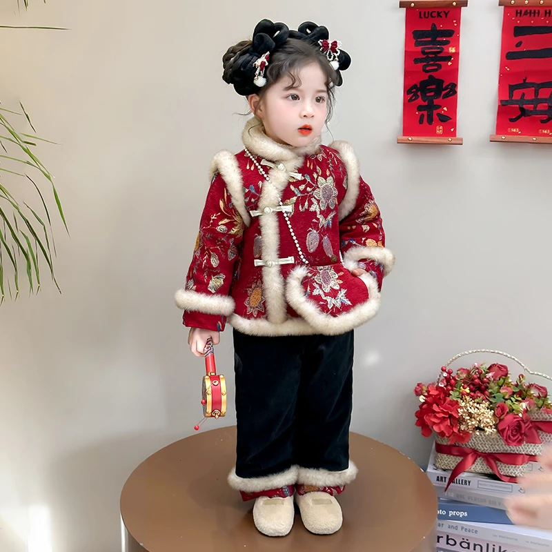 女童加绒冬季汉服套装拜年服女宝宝加厚唐装新年装中式保暖两件套