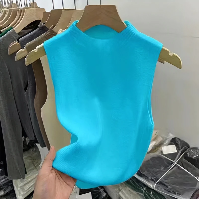 2024夏季蓝色短款韩版针织衫圆领气质修身百搭无袖春秋打底气质女