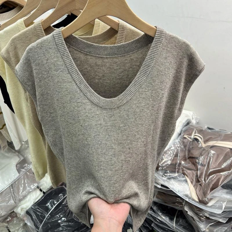 欧货U领纯色螺纹针织无袖T恤女装2024夏季新款内搭遮肉打底衫上衣