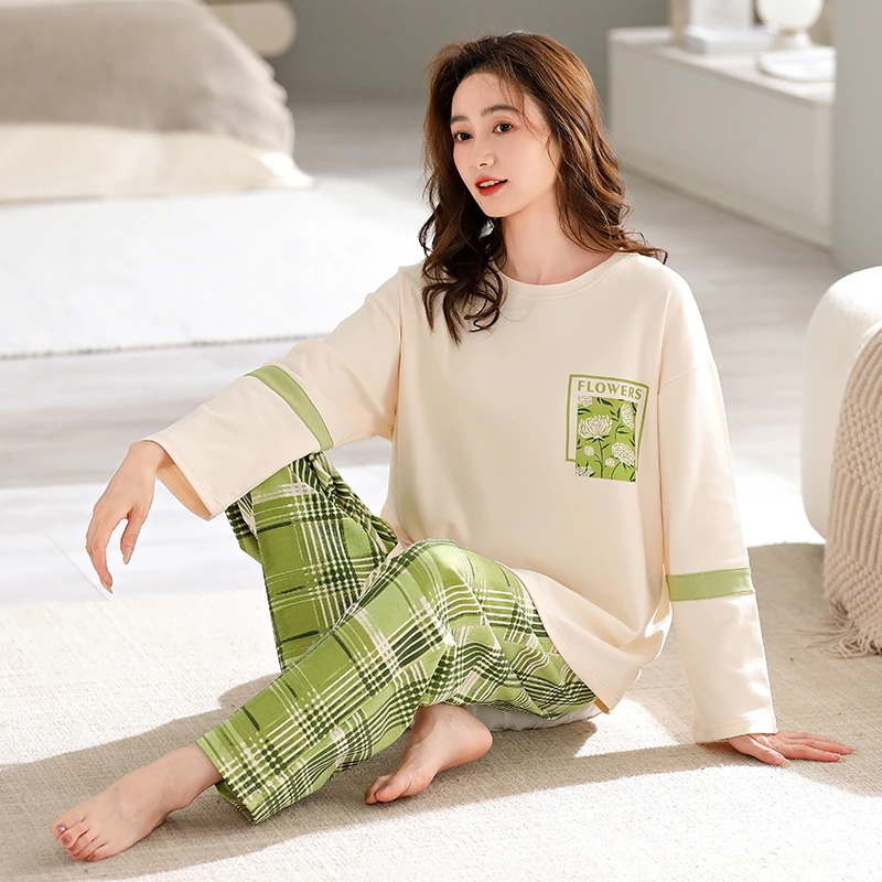 【胸垫款】纯棉睡衣女秋冬季全棉女士家居服免穿文胸长袖两件套外穿