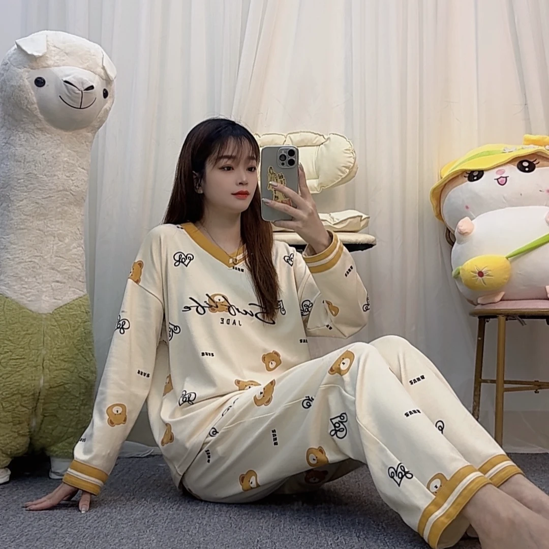 【胸垫款】纯棉v领长袖睡衣女套装秋冬新款休闲女士家居服外穿