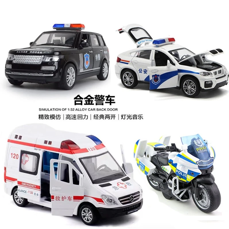 儿童声光回力合金警车仿真城市救援队特警救护车摩托模型玩具套装
