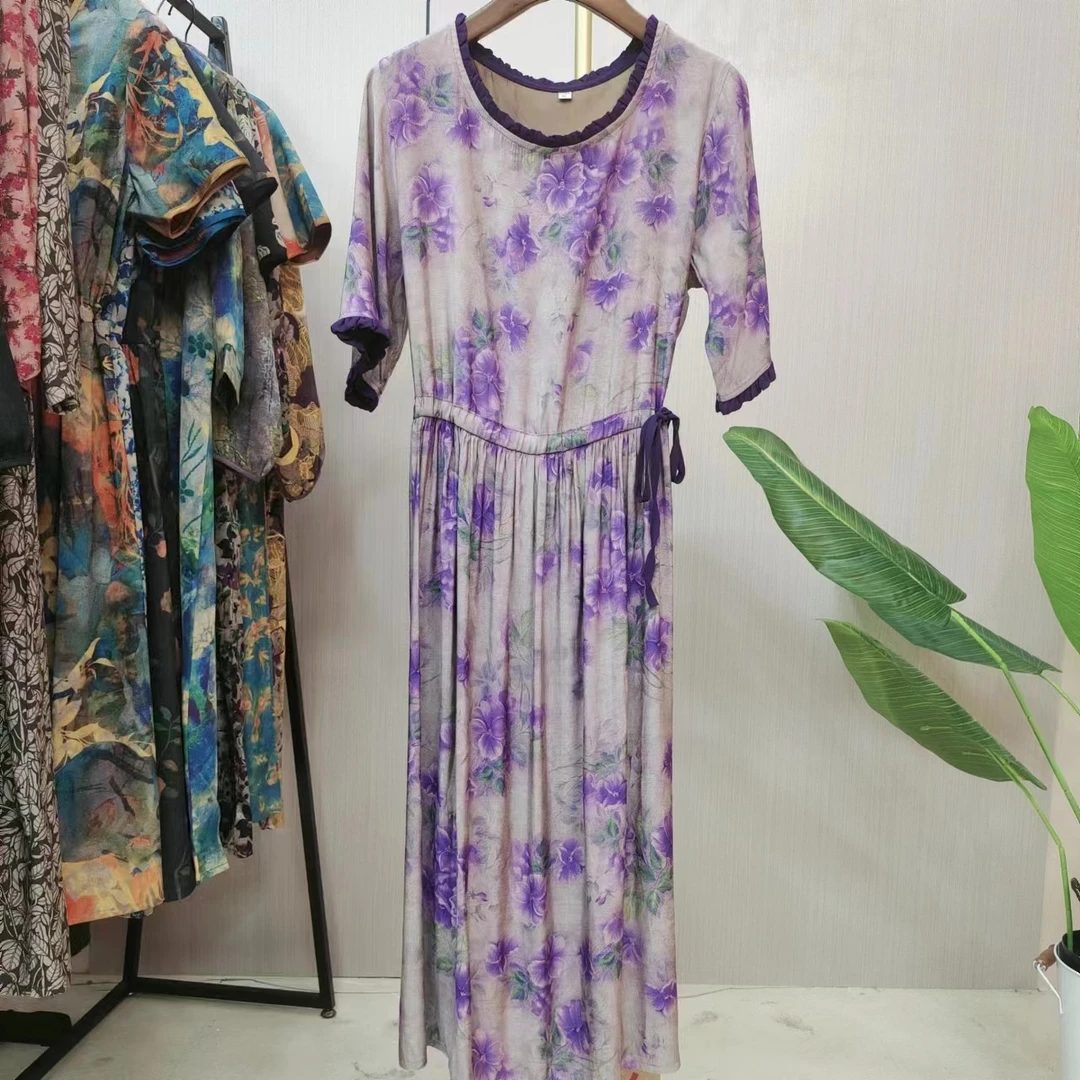 烟紫花高档连衣裙法式碎花妈妈装中长款中长裙