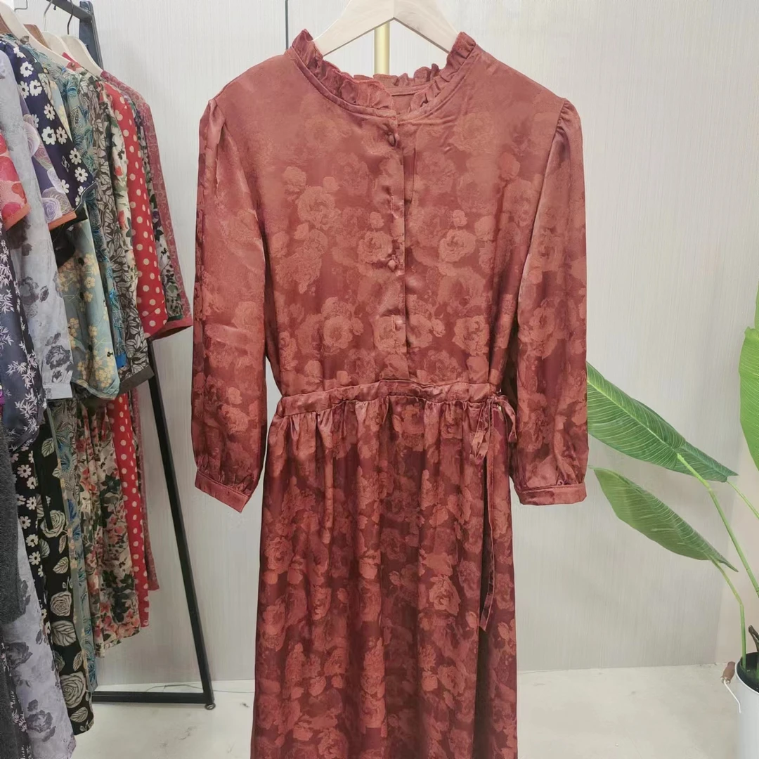 红颜连衣裙气质妈妈装木耳领中长款裙子大码休闲A字裙碎花