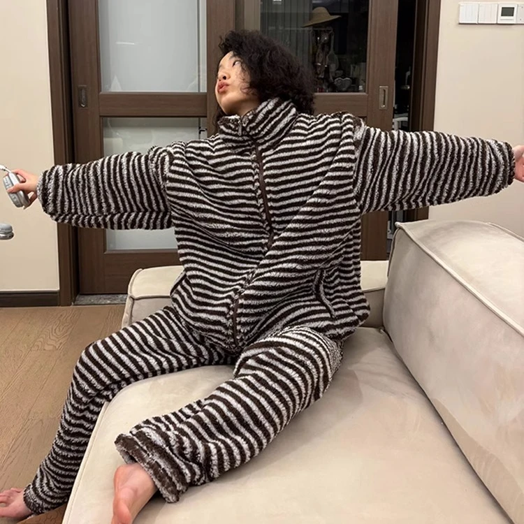 韩版珊瑚绒睡衣女冬款2024新款居家加厚保暖春秋家居服套装冬天