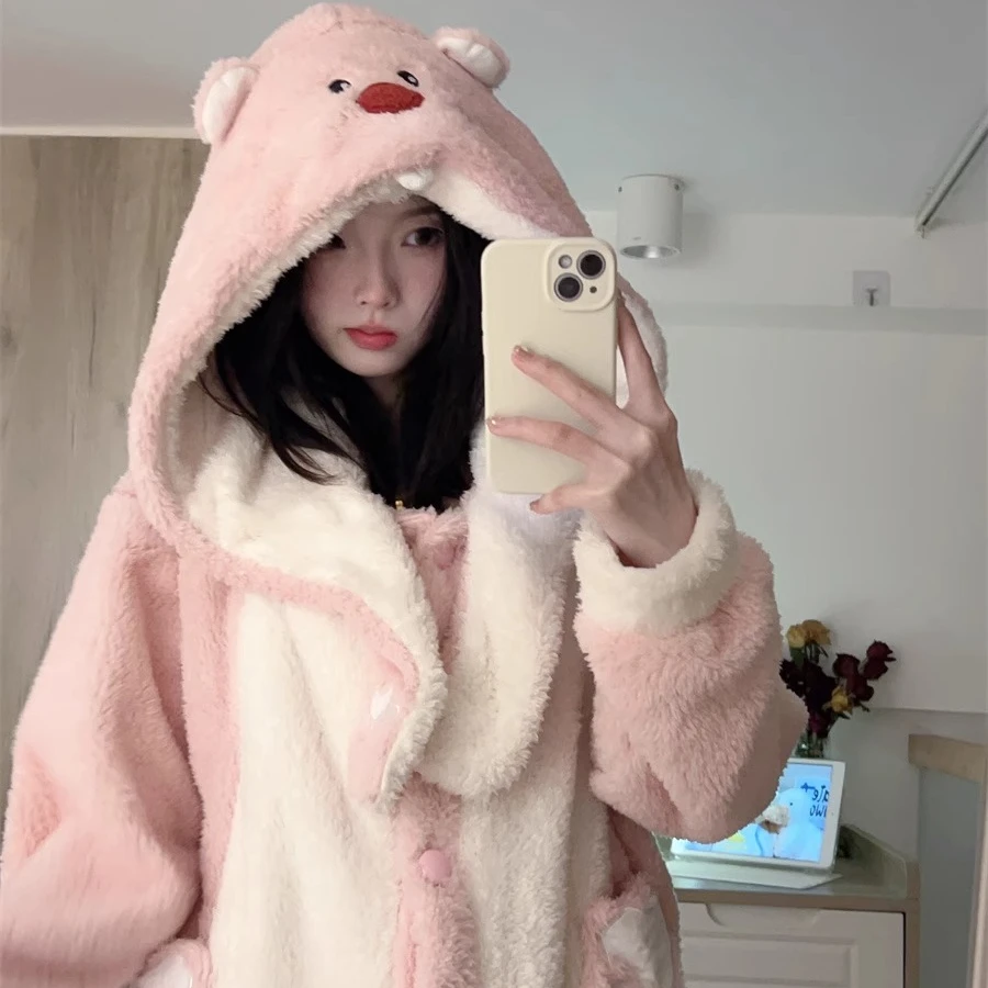 网红loopy小海狸珊瑚绒睡衣女冬款新款加绒加厚毛绒家居服套装冬