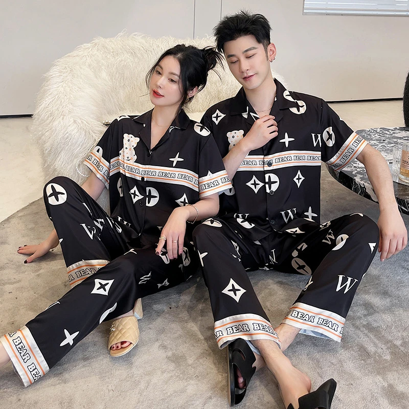 冰雪丝春季小熊情侣款睡衣短袖长裤小熊印花CWS家居服套装