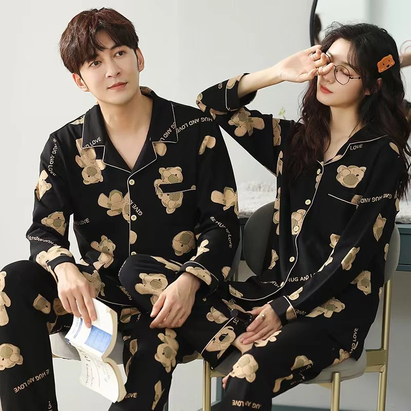 情侣100纯棉长袖长裤睡衣可爱卡通开衫情侣纯棉长袖休闲KSF家居服