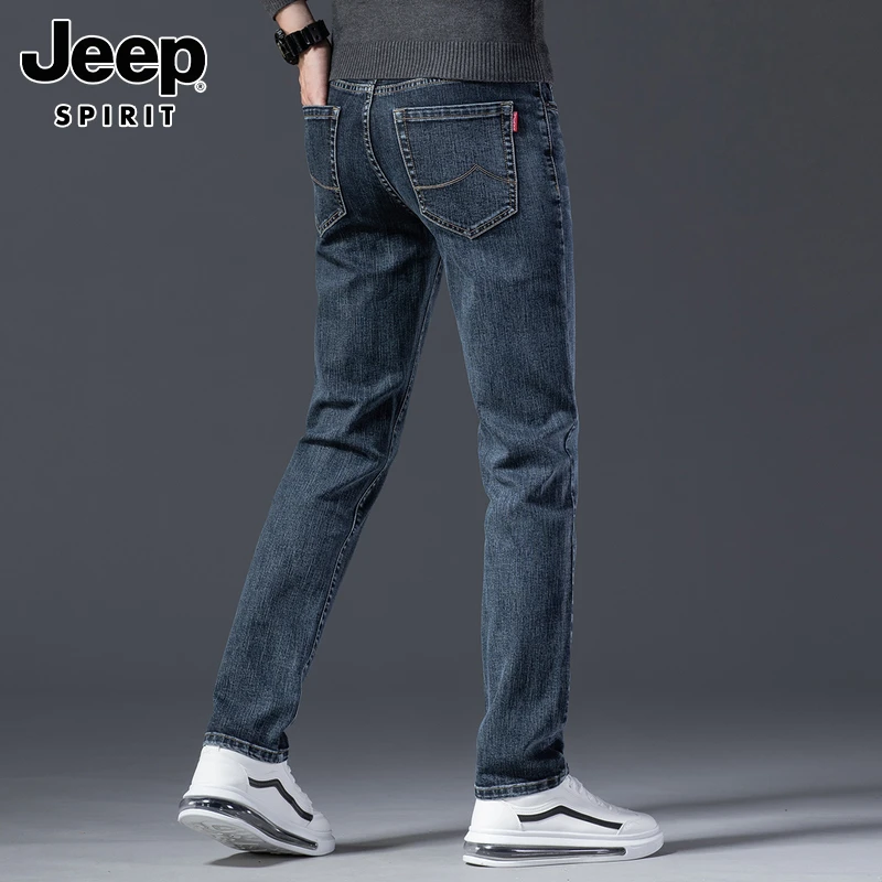 JEEPSPIRIT冬季高端牛仔裤男士加绒修身直筒长裤新款弹力休闲裤子