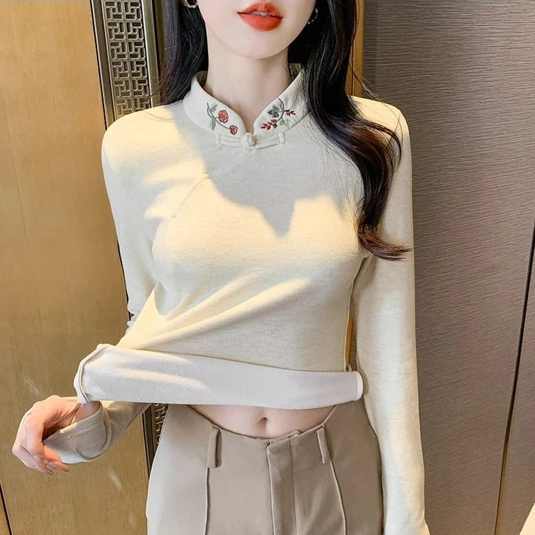 国风刺绣立领长袖t恤秋装女2024年秋季女显瘦气质新中式上衣洋气