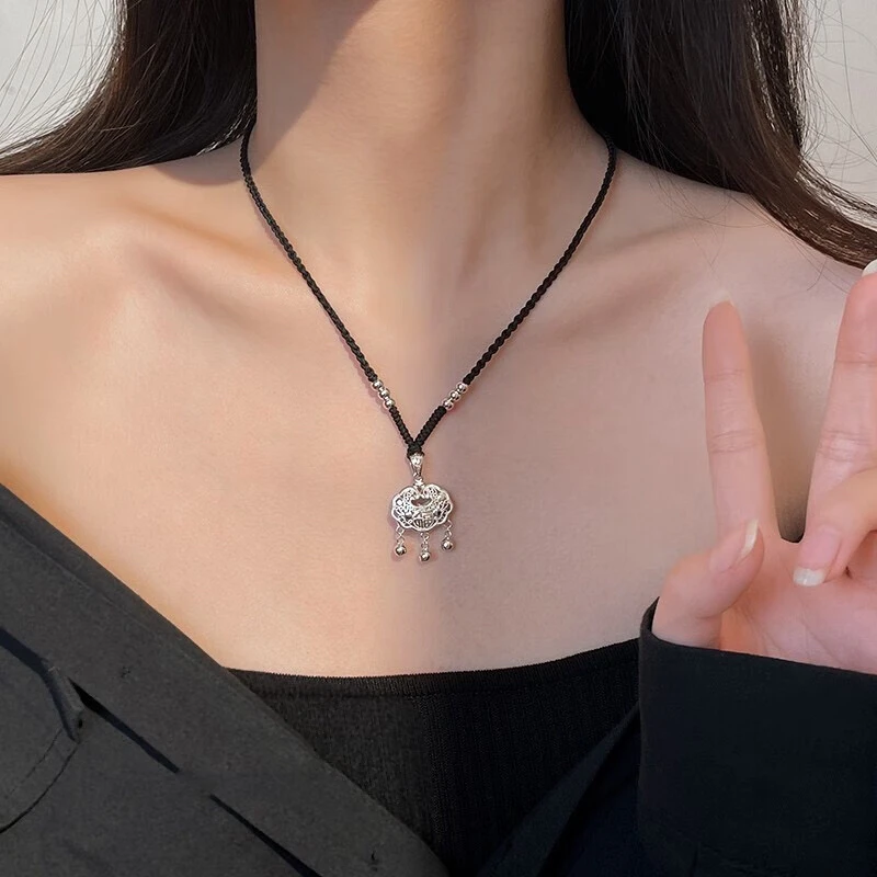 苗江月 吊坠足银 足银999 福字长命锁项链 送闺蜜送朋友送礼物