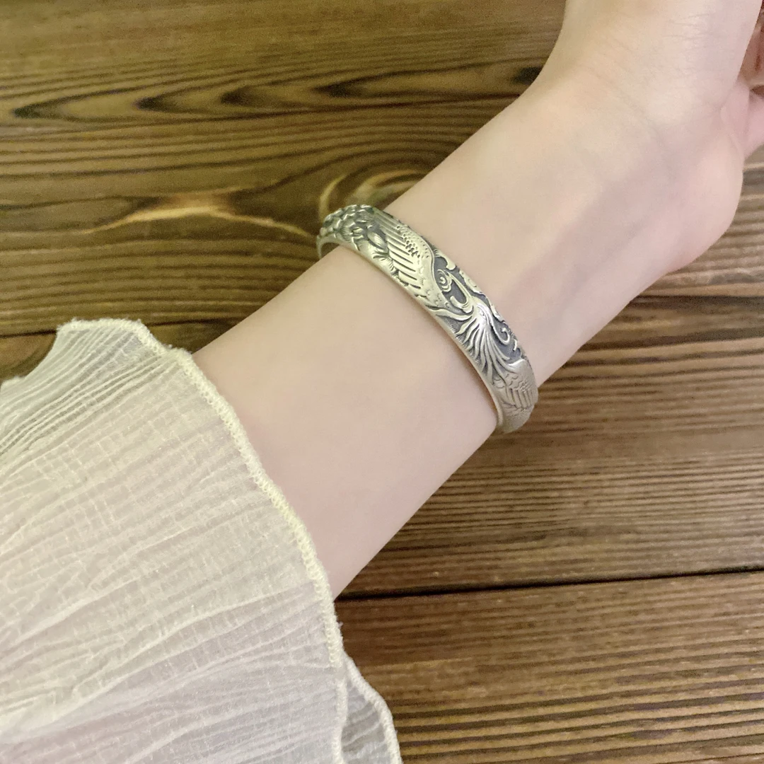 足银手镯 凤凰于飞做旧 开口银手镯 足银999  约58克