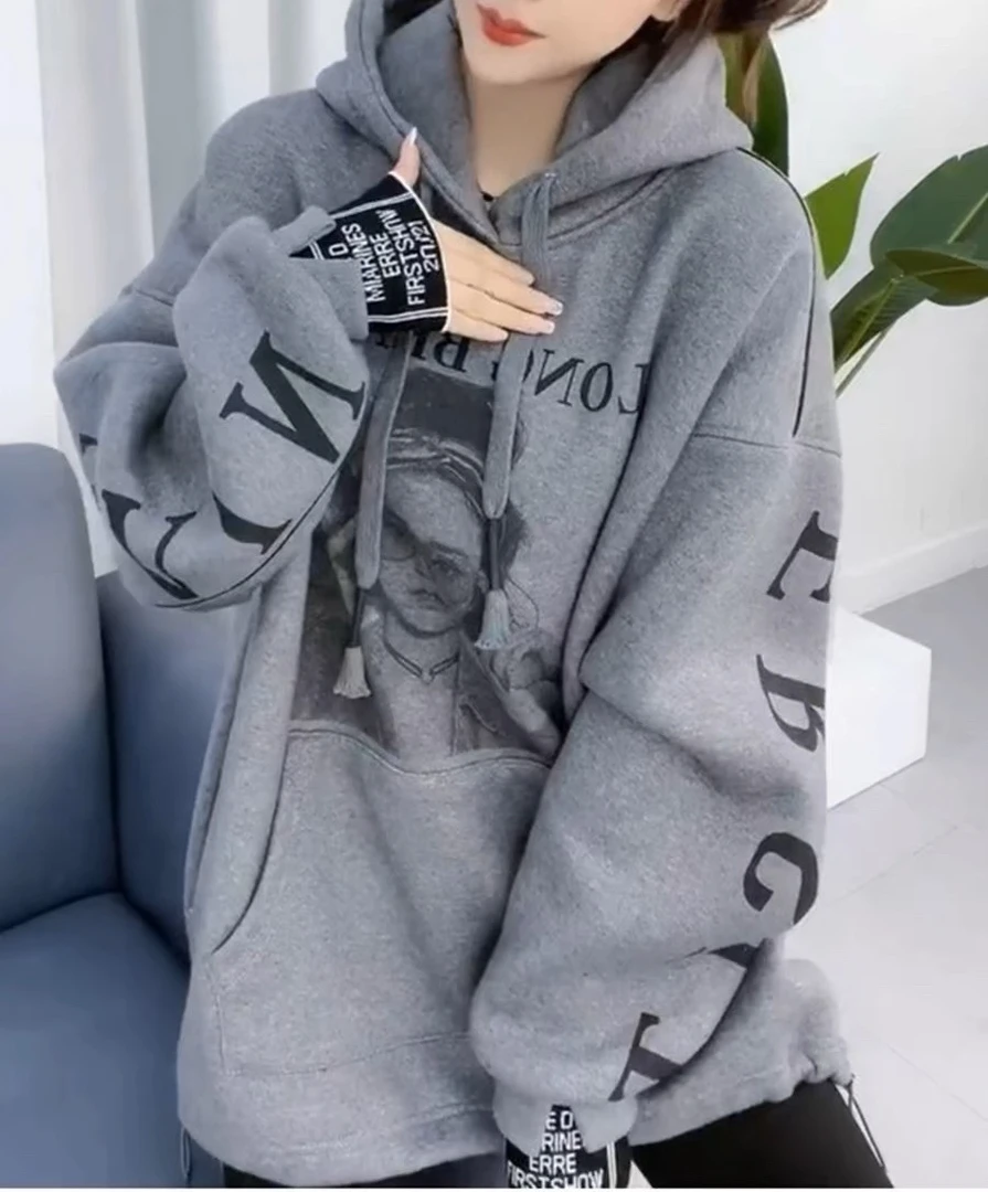 大码女装设计感小众连帽抽绳卫衣加厚字母印花时尚欧货百搭宽松