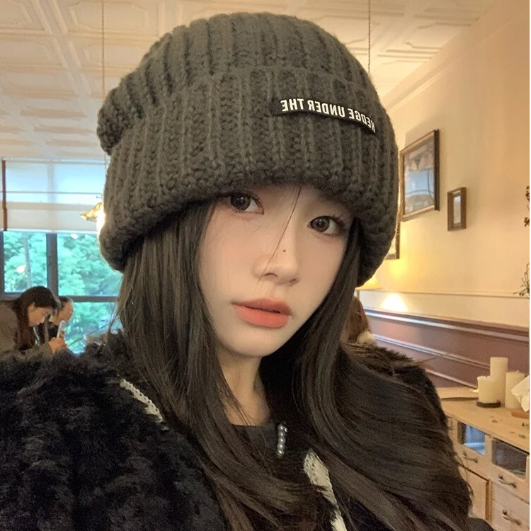 慵懒风大头围针织帽子女秋冬纯色百搭保暖毛线帽堆堆帽冷帽显脸小