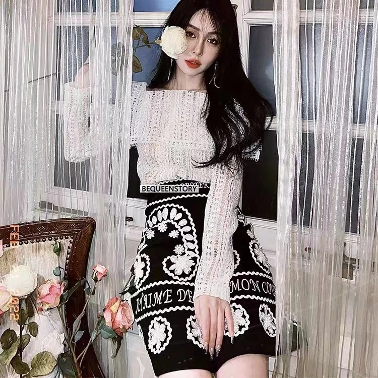 越南小众设计师时尚黑白气质千金名媛显瘦A字重工刺绣两件套Q47