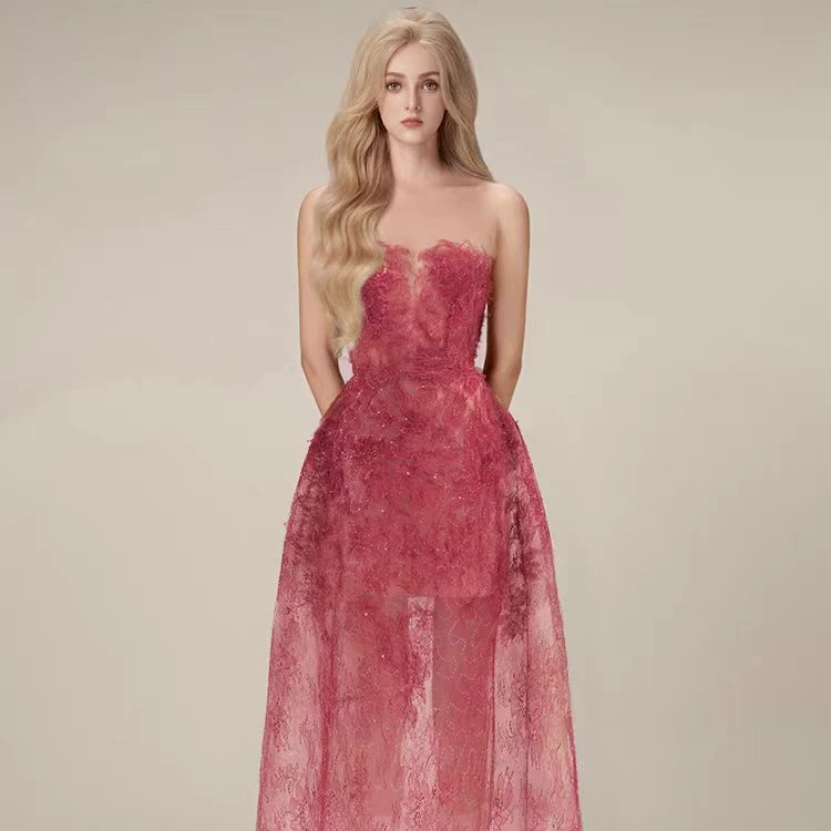 【朗姆红茶】小众轻奢蕾丝越南气质立体花朵亮片重工礼服裙