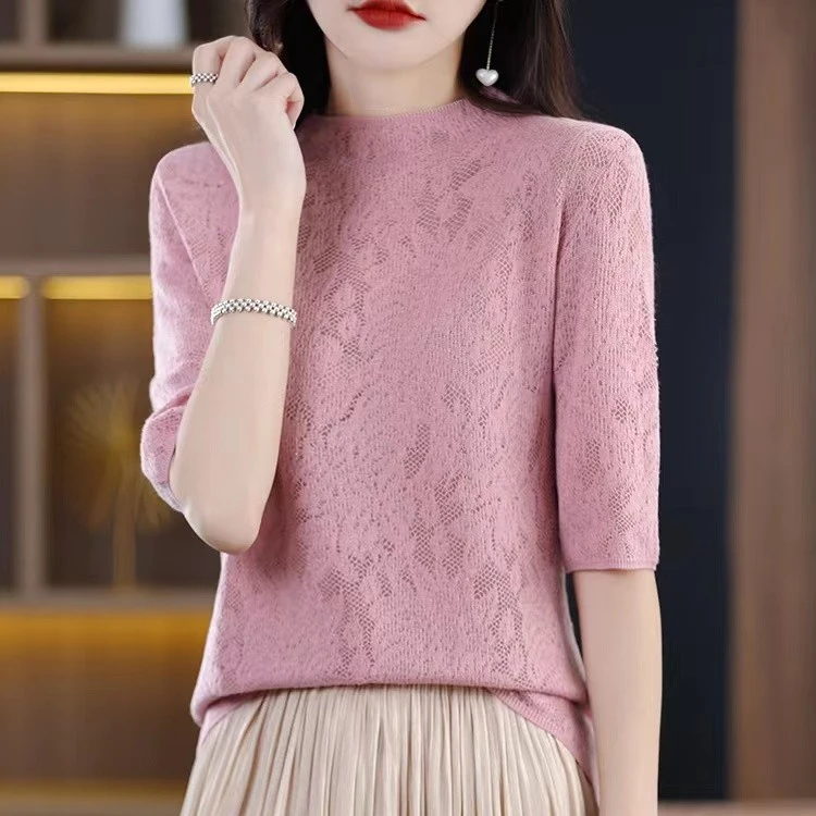 洋气夏季新款气质休闲显瘦百搭时尚薄款针织衫上衣打底镂空圆领