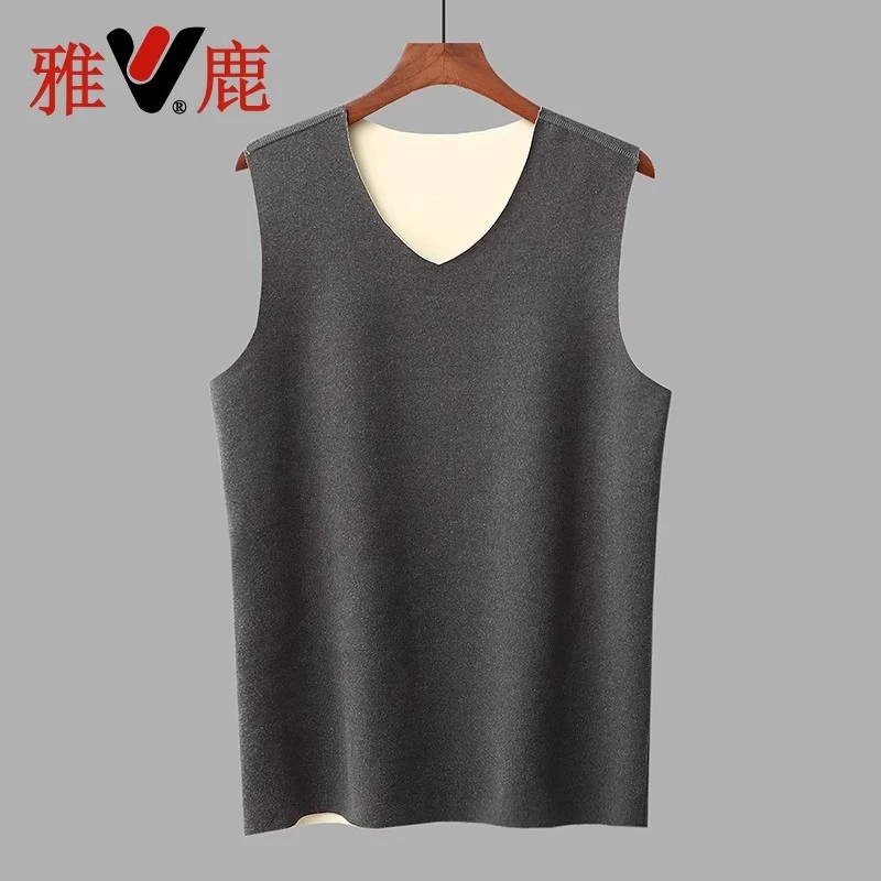 V/雅鹿男士无痕保暖背心男秋冬季新款内穿防寒德绒发热双面磨绒