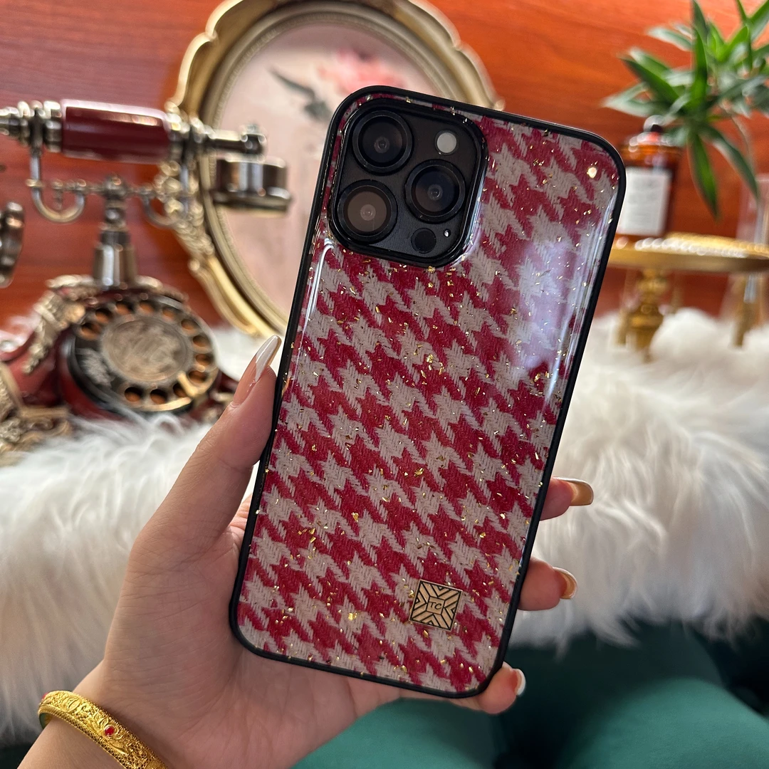 苹果高端松弛感手机壳适用iPhone11-15各型号红+黑千鸟格欧式壳壳